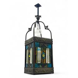 20th century Gothic design stained glass and brass hall lantern, with ornately decorated f...