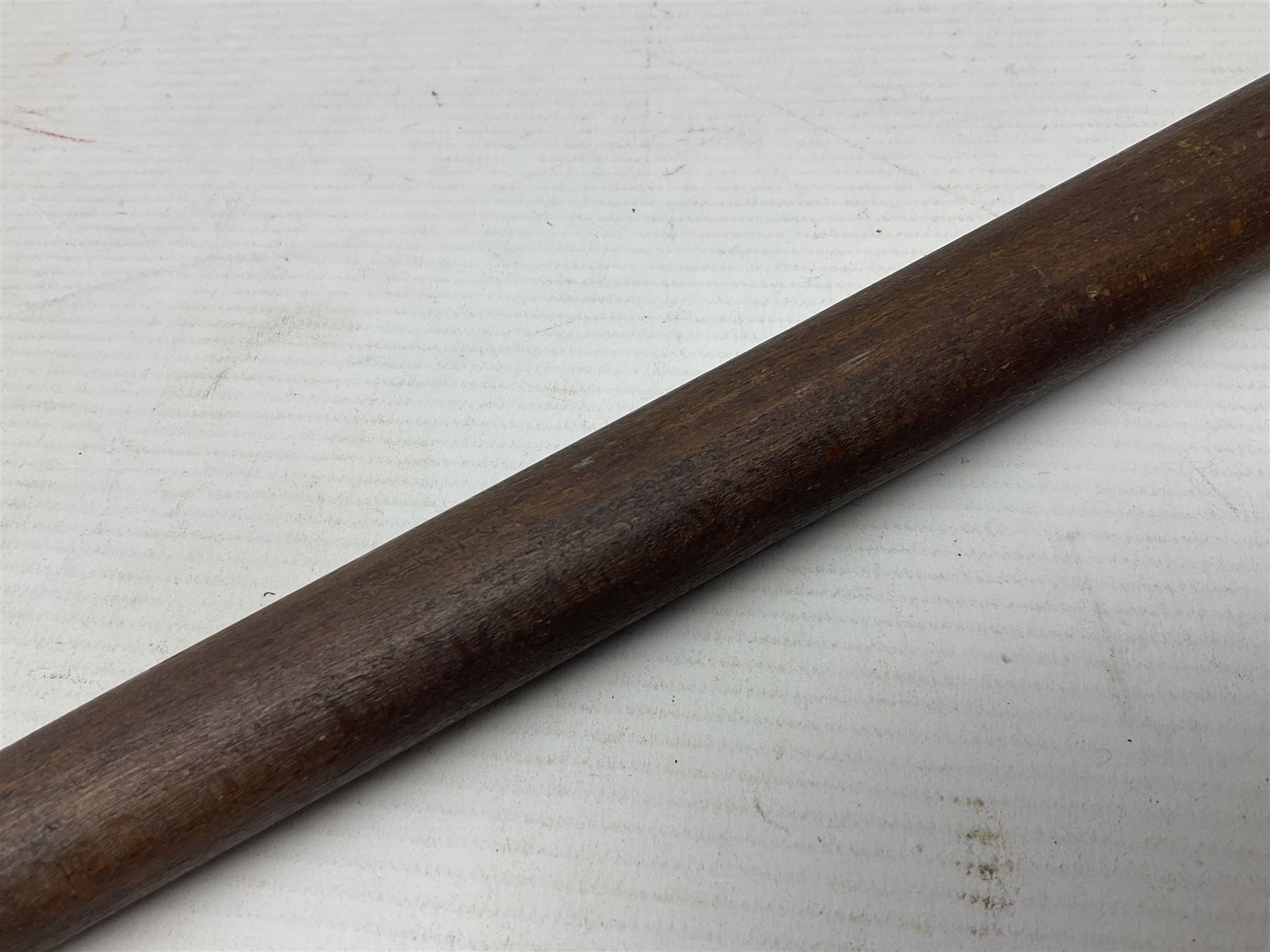 WW1 Prisoner of War carved beech walking cane, the terminal as a head wearing a helmet, and inscribed 'Souvenir from 370th PoW Coy Menin 1919'; bears metal plaque with indistinct monogram L91cm