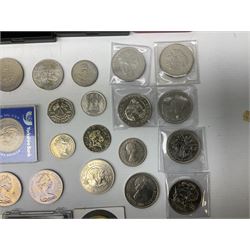 Coins and medallions including various commemorative crowns, King George VI 1951 Festival of Britain crown in maroon case, Republic of Seychelles 1977 twenty-five rupees coin, Mauritius 1977 twenty-five rupees coin, Queen Elizabeth II pre-decimal pennies etc