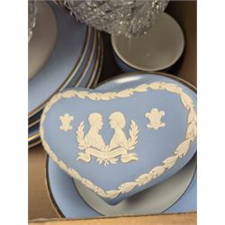 Ruby glass decanter, Doulton part dinner service, two cut glass bowls, pencil drawing and a Wedgwood Jasperware Royal wedding trinket box