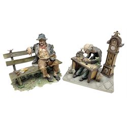 Two Capodimonte figures, comprising The Watchmaker by Curiase and Tramp Seated on a Bench, created by D.Bonalberti, tallest example H24cm