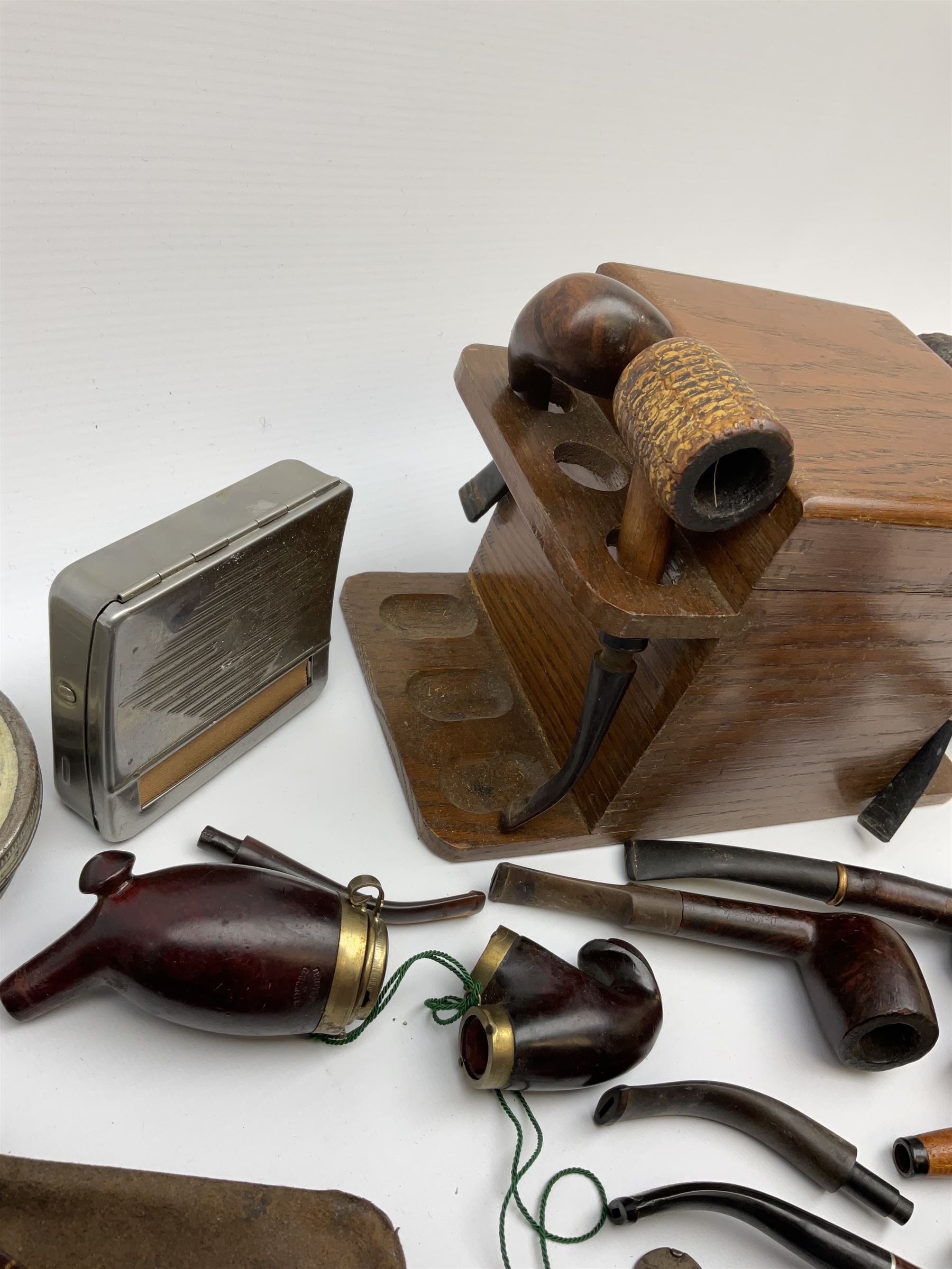 Vintage pipes and smoking related items including 'Falcon' and 'Dr Grabow' pipes, small wooden pipe rack/box and other related items