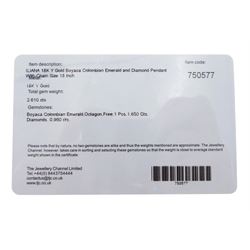 18ct gold Colombian emerald and diamond cluster pendant by Iliana, single octagonal cut emerald of 1.65 carat, surrounded by two rows of twenty round brilliant cut diamonds, spaced by eight tapered baguette cut diamonds, hallmarked, total diamond weight 0.96 carat