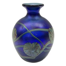 Okra Blue Arym pattern scent bottle, the cobalt blue body decorated with a vine and leaf pattern inclusion, signed R P Golding '93, lacking stopper, H9.5cm
