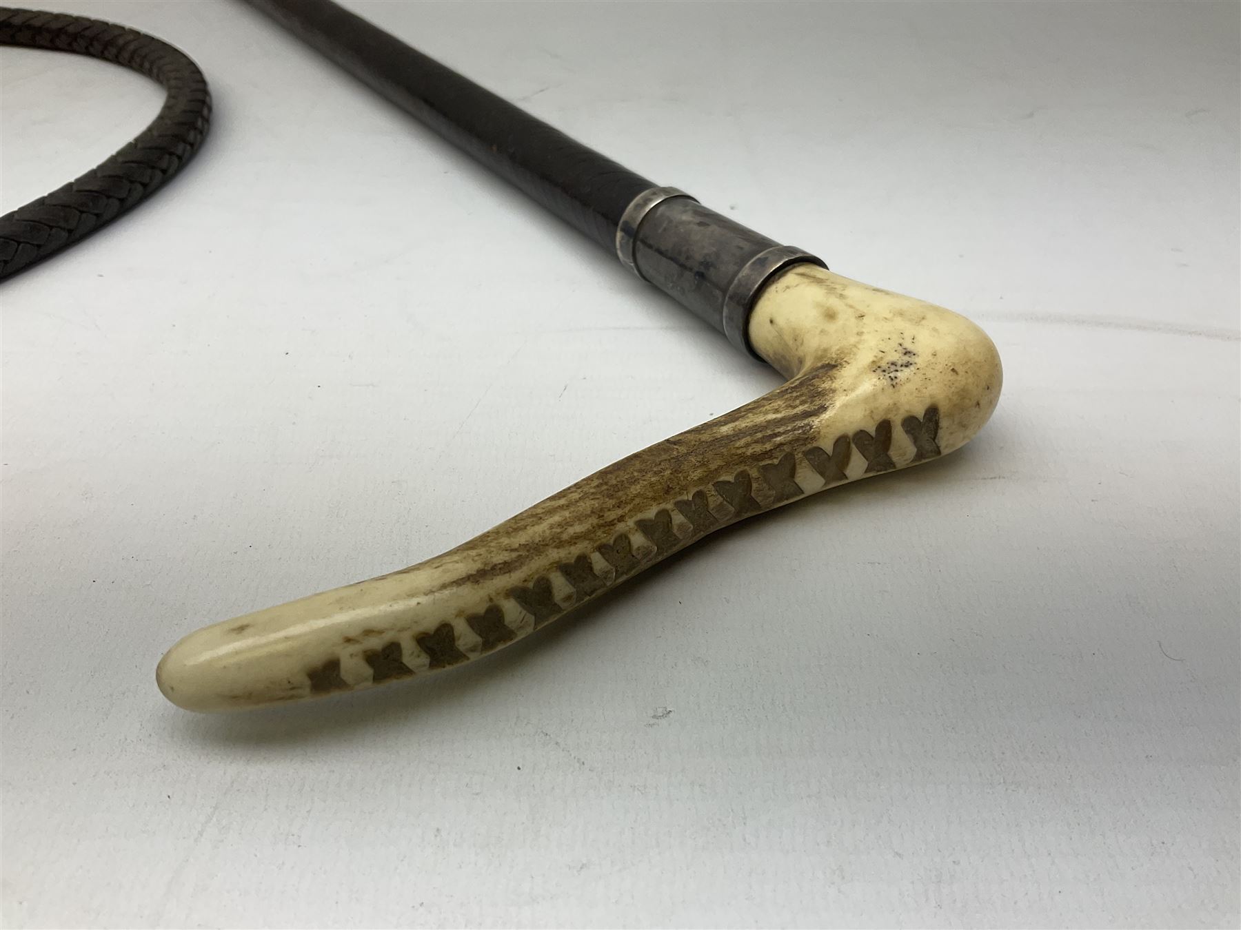 Gentleman's hunting whip, with horn handle and hallmarked silver collar, leather thong and lash, approximate L175cm
