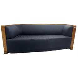 Thormer Polstermobel - Art Deco design three seat sofa, of curved tapering form, upholstered in midnight blue fabric, framed in figured burr elm