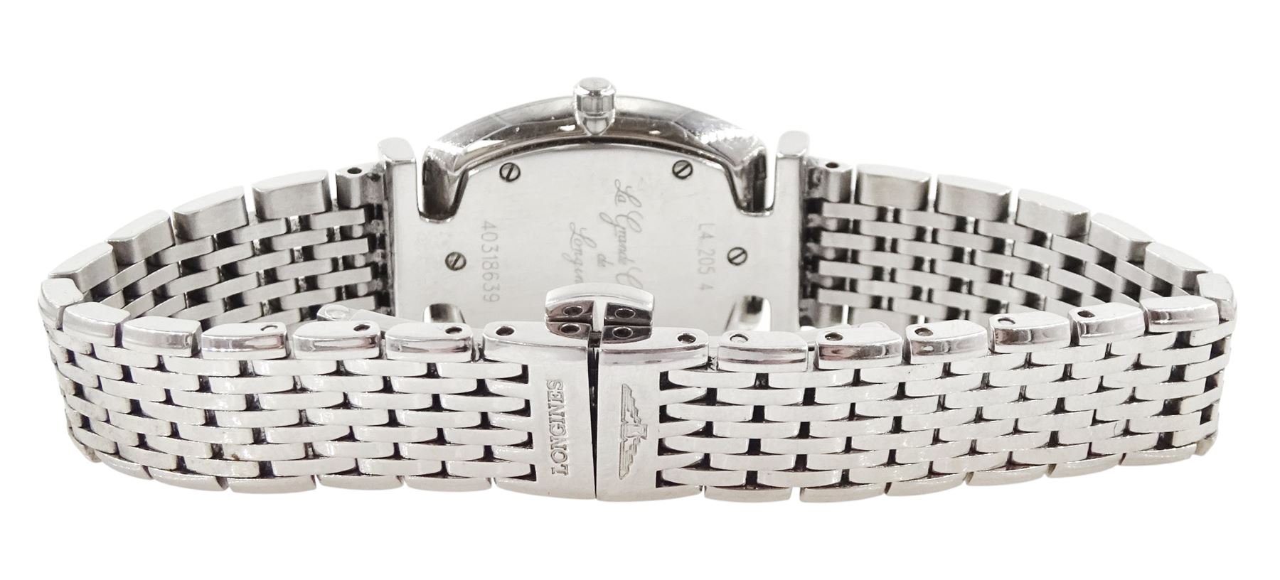 Longines La Grande Classique ladies stainless steel quartz wristwatch, Ref. L4 205 4, white dial with Roman numeral hour markers, on stainless steel bracelet, with fold-over clasp, boxed with guarantee card dated 2014