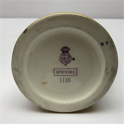 Royal Worcester tusk jug, blush ivory ground, with floral design, stamped 1116 to the base,, together with pair figures of a young boy and girl in the style on Kate Greenaway 