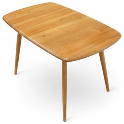 Ercol - golden elm coffee table, rectangular top with curved corners on tapered legs