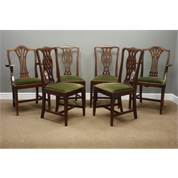  Pair mahogany Hepplewhite style carver armchairs and set four mahogany Georgian style dining chairs, all with green upholstered drop in seats  