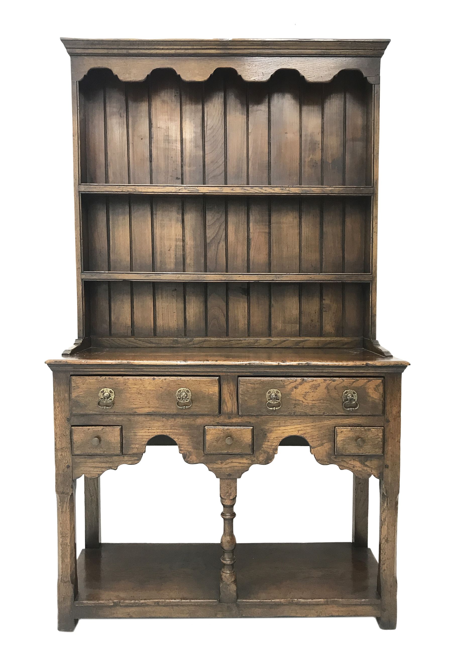 Small Georgian style distressed medium oak dresser, fitted with five drawers, pot-board base and two tier plate rack, W91cm, D37cm, H162cm