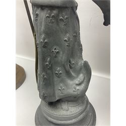 Pair of spelter figures modeled as Cavaliers, together with a spelter figure of Joan of Arc, largest H52cm