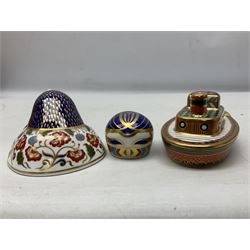 Three Royal Crown Derby paperweights, comprising Millenium Bug with gold stopper, Mole with gold stopper and from the treasures of childhood collection Tugboat, without stopper, all with original boxes