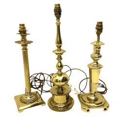 Three brassed table lamps, to include one of Corinthian column on a square base, tallest example including fitting H47cm