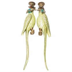 Pair of wall sconces, formed as two green parrots, with gilt-metal candle holders, H48cm