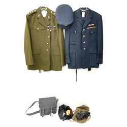 RAF Flight Lieutenant's uniform with peaked cap and WW2 ribbon bar; WW2 gas mask in blue canvas bag dated 1942; flying helmet date 1984; and British Army Major's uniform with Staybrite buttons and peaked cap