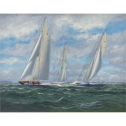 George Drury (British 1950-): 'Endeavour' 'Shamrock' and 'Astra' racing on the Solent, oil on board signed 38cm x 48cm