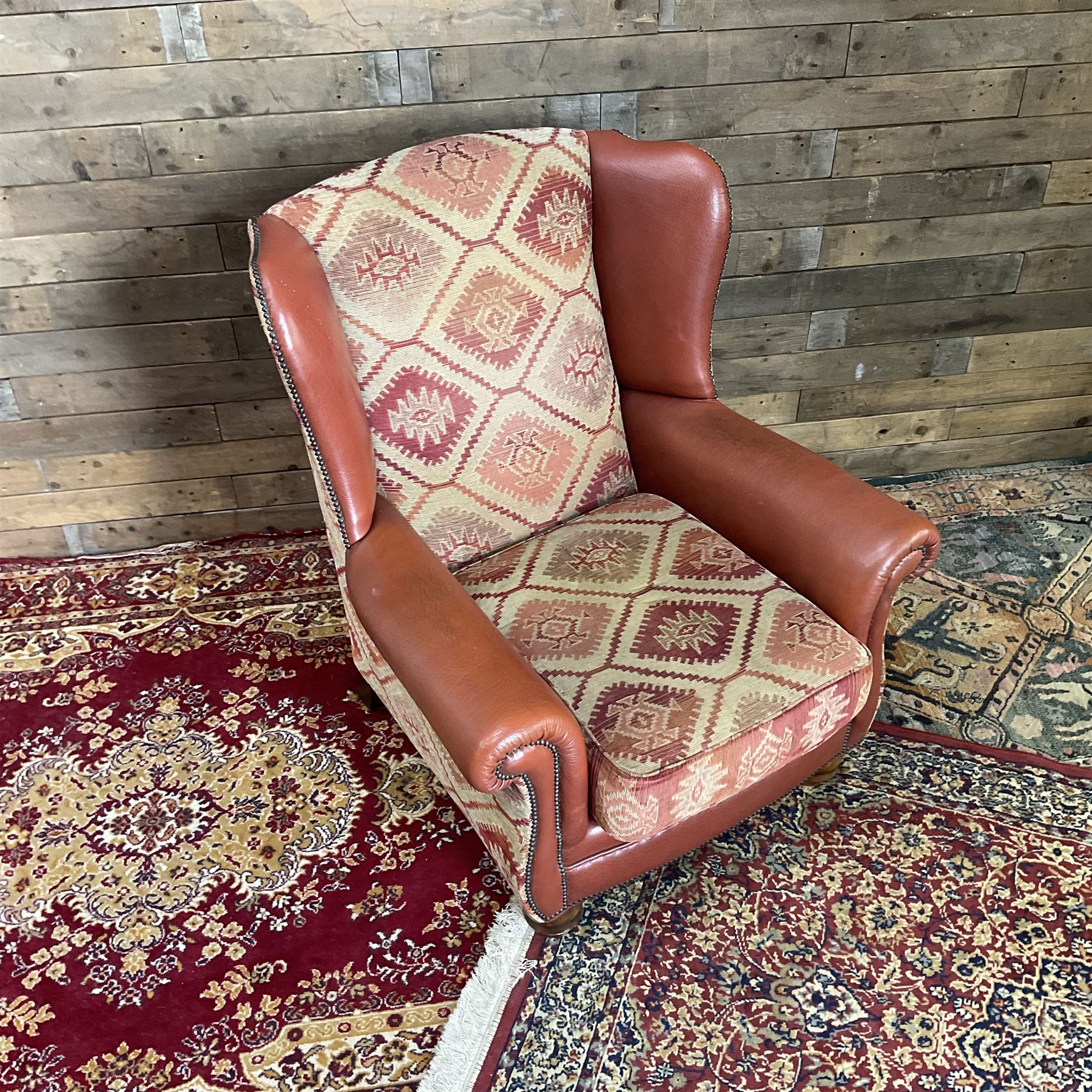 Tetrad Eastwood Wingback Leather Kilim Armchairs Brown with footstool,