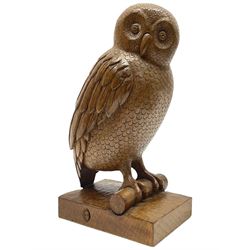 Acornman - carved oak owl perched on branch, on tooled block plinth carved with acorn signature, by the workshop of Alan Grainger, Brandsby (carved by Norman Darnley)