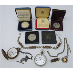  Moeris Grand Prix Swiss made pocket watch and Kays standard Lever pocket watch both plated, Scottish hardstone watch chain, two festival of Britain silver medals and two Royal Mint silver commemorative coins  