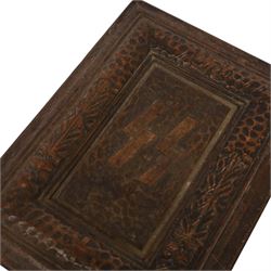German Third Reich SS oak Mein Kampf presentation box, the lid carved with a raised oakleaf border and recessed centre bearing SS Sigrunen, H7cm