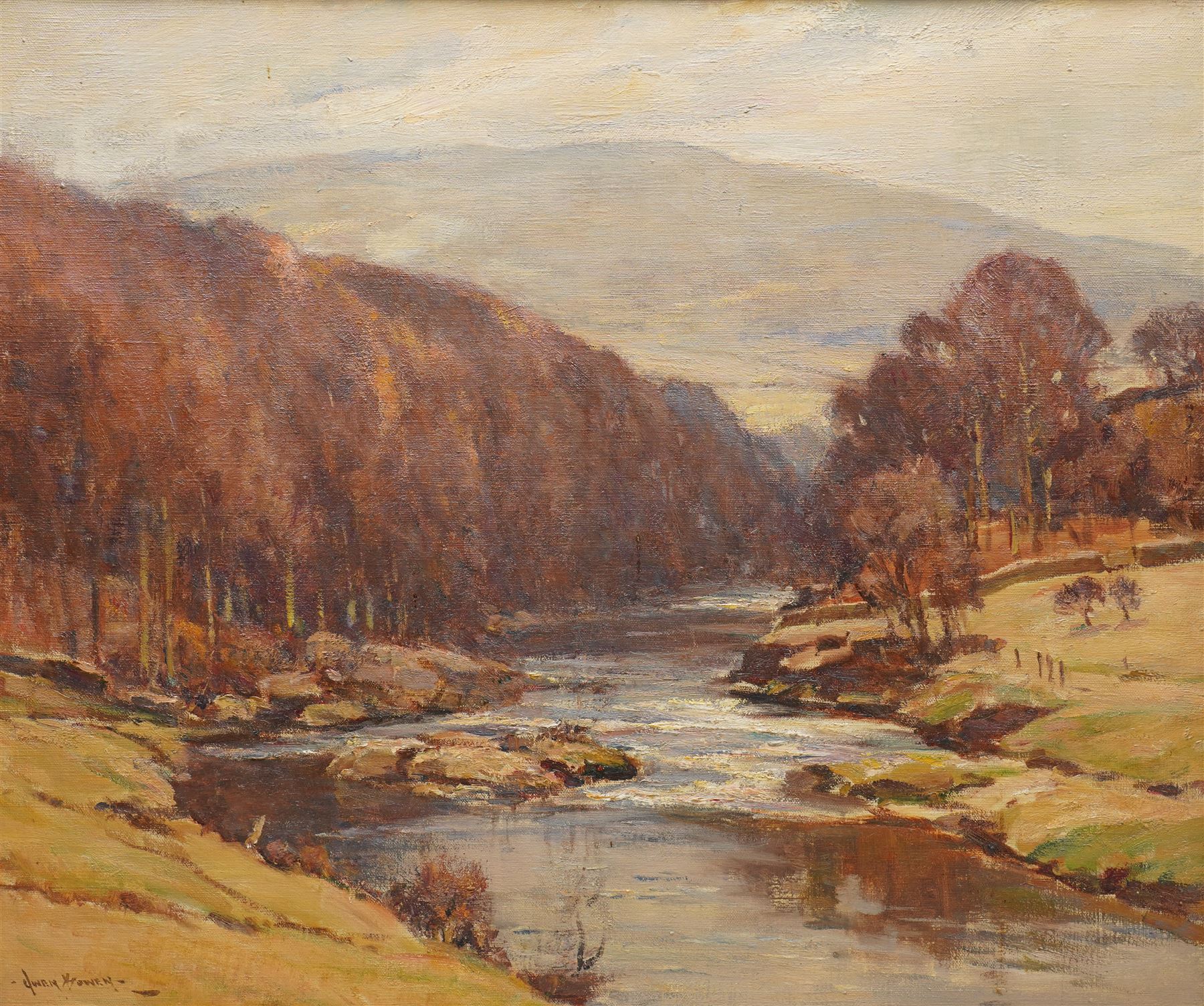 Owen Bowen (Staithes Group 1873-1967): 'The Wharfe Valley at Appletreewick', oil on canvas signed, original title label verso 50cm x 60cm 
Provenance: private collection; purchased David Duggleby Whitby 23rd April 2007 Lot 58
