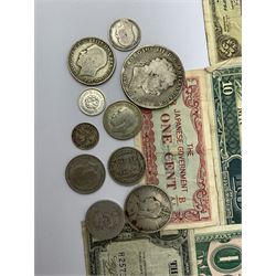 Great British and World coins including approximately 50 grams of pre 1920 Great British silver coins including George III 1820 crown, approximately 100 grams of pre 1947 Great British silver coins, Irish 1928 half crown, small number of United States of America coins etc and a small number of World banknotes