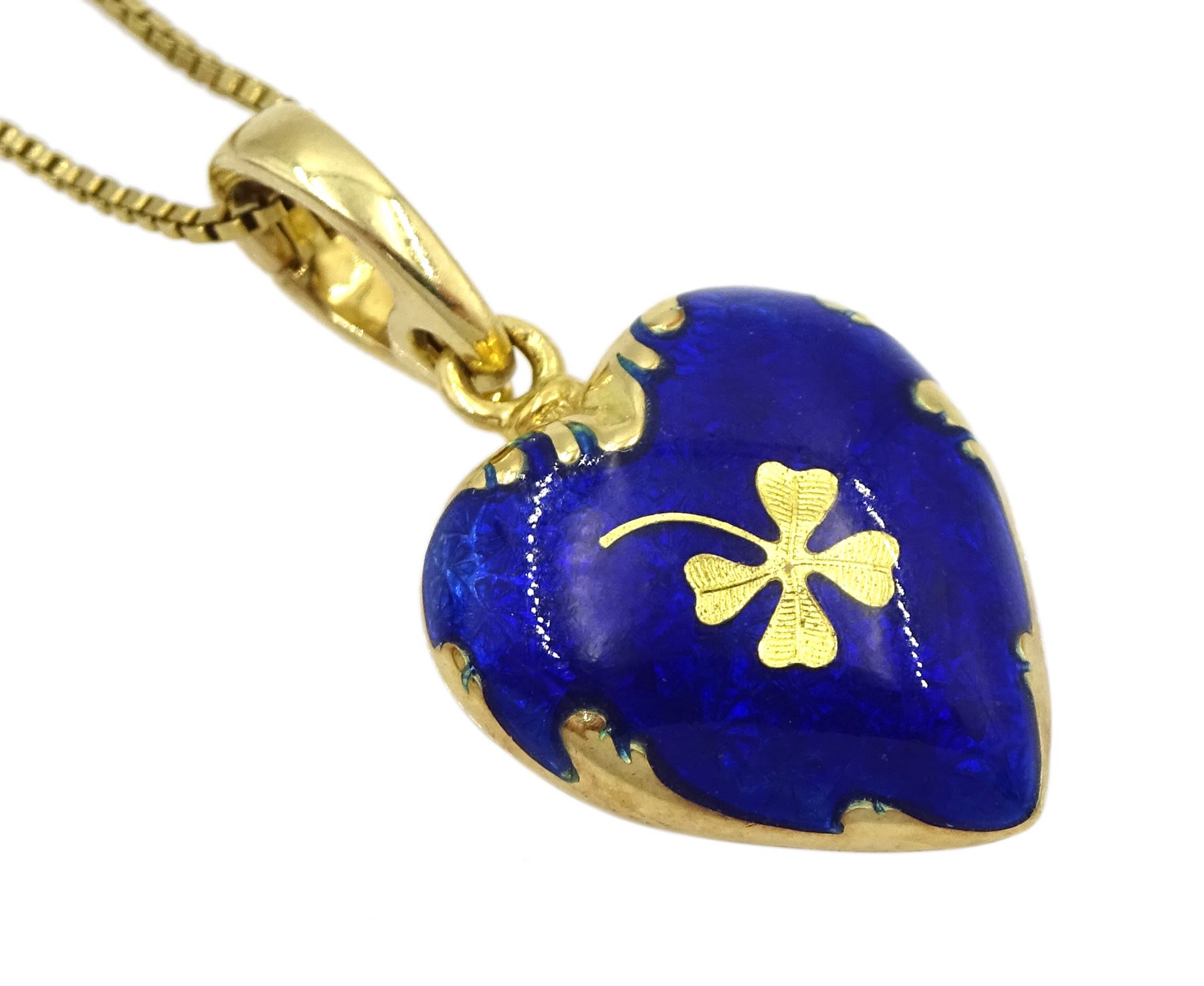 Victor Mayer for Faberge 18ct gold blue enamel heart shaped pendant, with applied gold four leaf clover decoration, limited edition No. 722/1000, on silver-gilt chain necklace, boxed