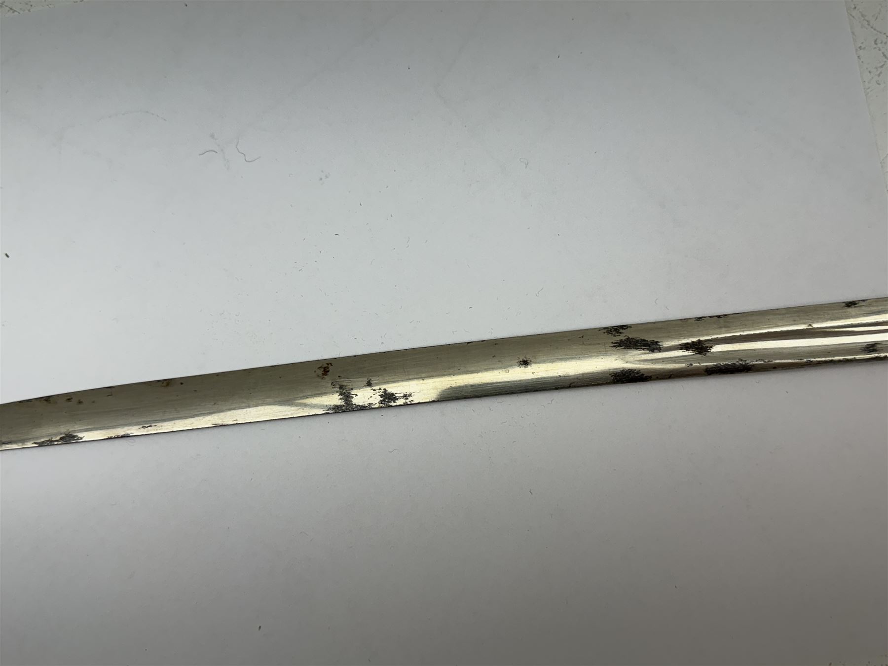 German infantry dress sword, dove head stirrup handle with black wire-bound grip cast cross guard with German eagle set into the langet, the curved 81cm single edge blade with single fuller marked Elckhorn Solingen, L93cm overall