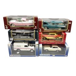 Six 1:18 scale die-cast models - Road Legends Chevrolet Nomad (1957) and Ford Fairlane Crown Victoria (1955); Universal Hobbies MGB-GT Mk.1 4-cylinder Old English White and Land Rover Serie III Police Patrol; Road Tough Shelby Cobra 427S/C (1964); and Mira 1955 Buick Century; all boxed (6)