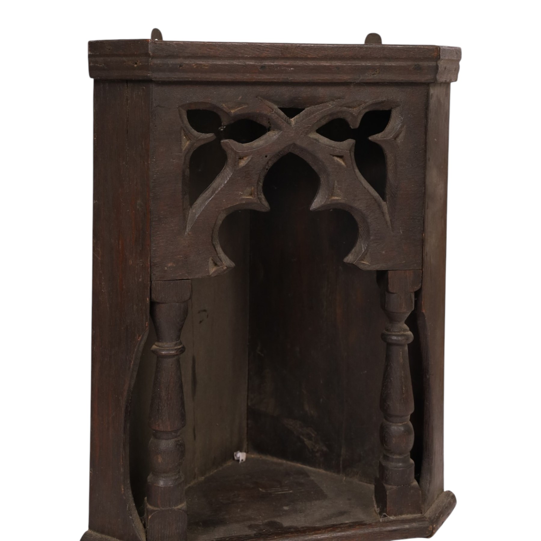 Gothic Revival oak corner wall shelf, with trefoil decoration to the top, H42cm