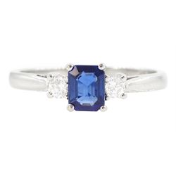 Platinum three stone emerald cut sapphire and round brilliant cut diamond ring, hallmarked...