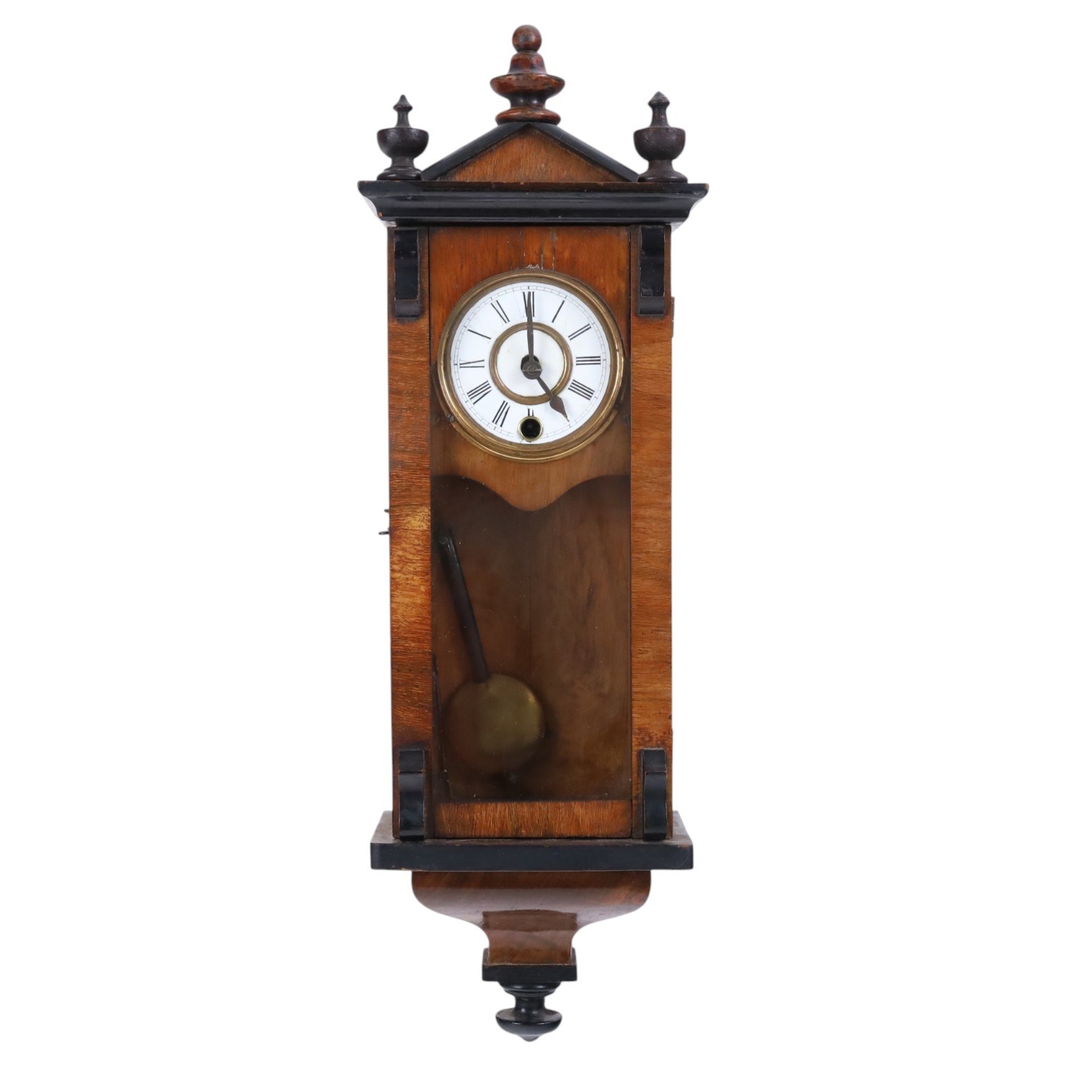 German miniature 8-day wall clock, in walnut case with gable pediment and finials, enamel dial with Roman numerals, minute track, steel spade hands and pendulum, H52cm