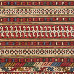 North East Persian Sumak flatweave kilim runner, elongated field decorated with horizontal bands of stylized geometric motifs in madder red, ivory, indigo green, and ochre enclosed by bold geometric borders  