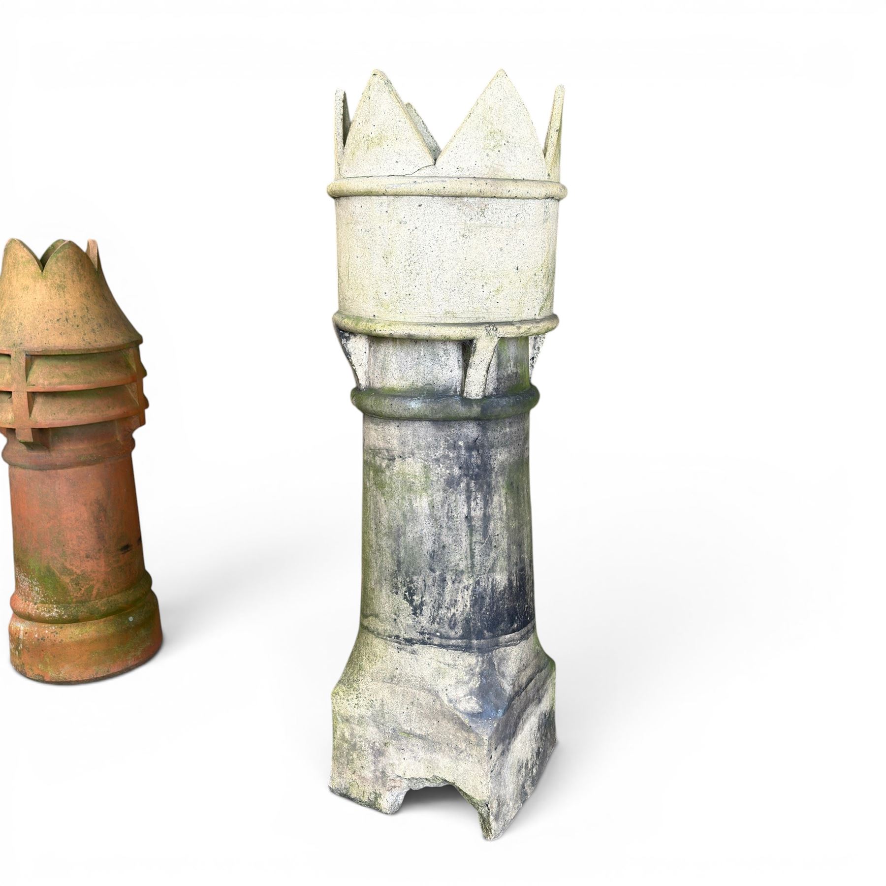 Large Victorian terracotta crown top chimney pot, and a similar chimney pot (2)