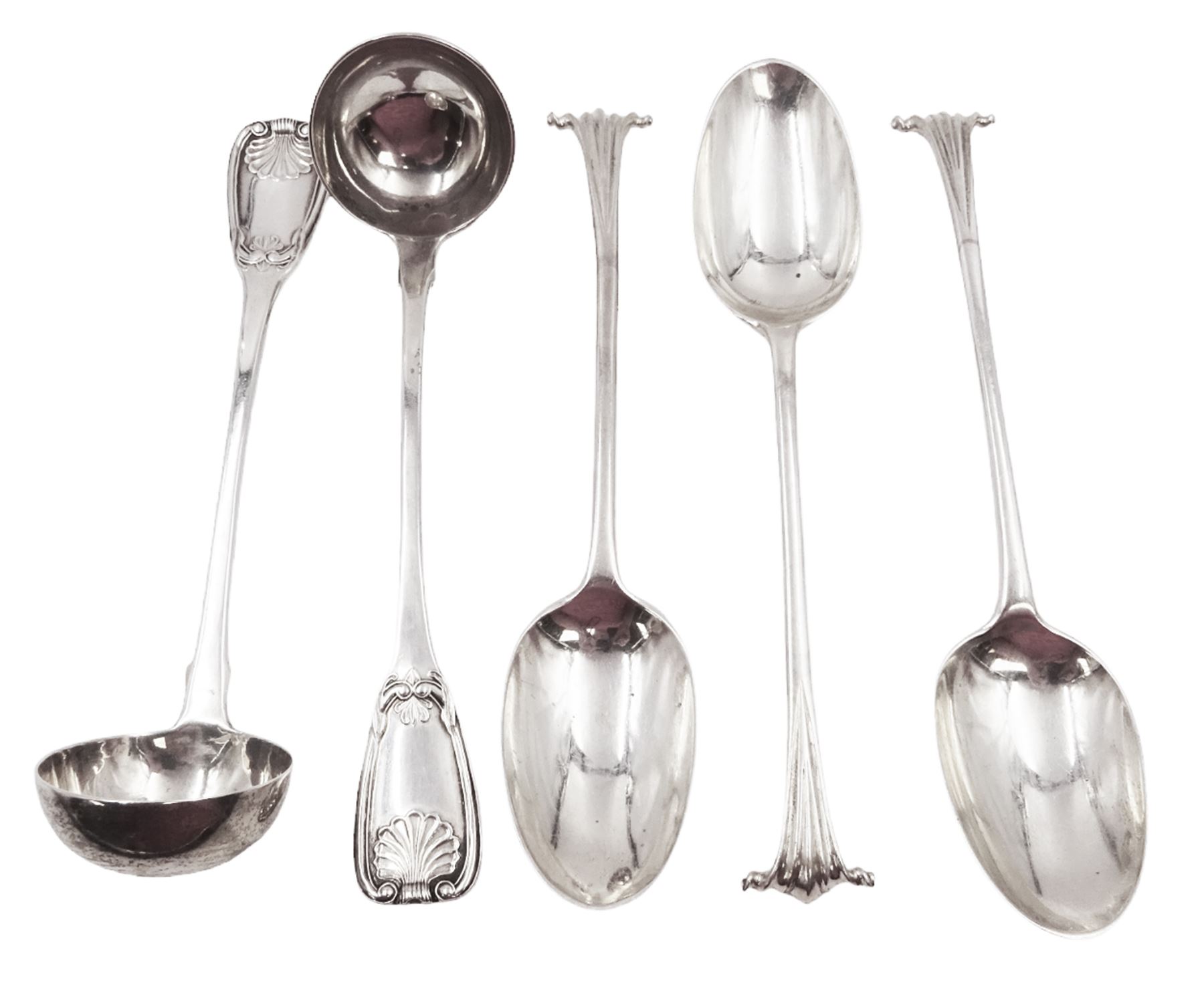 Two George IV Scottish silver Kings pattern toddy ladles, one example slightly larger than the other, both hallmarked Robert Gray & Son, Glasgow 1830 & 1831, together with a set of three Victorian Scottish silver dessert spoons, each with scroll top handles, hallmarked Edinburgh 1897 and 1899, no maker's mark
