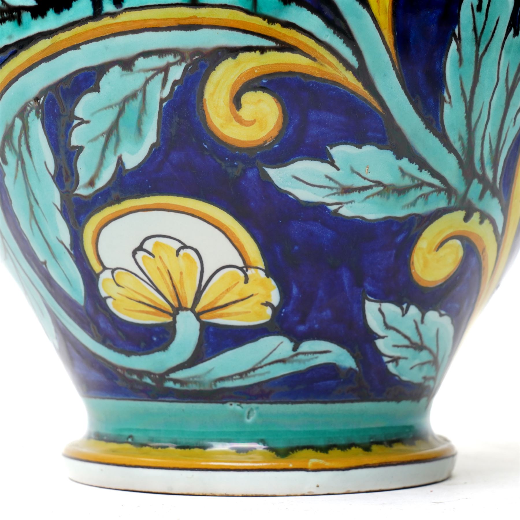 Large Italian Cantagalli vase, painted profusely in typical colours with yellow flowers and foliage, blue cockerel mark to base, H32cm