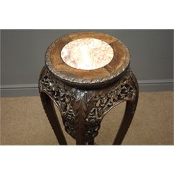  Late 19th century mahogany jardiniere, marble insert to circular top, pierced and carved foliate, four supports with stretchers, W37cm, H92cm  