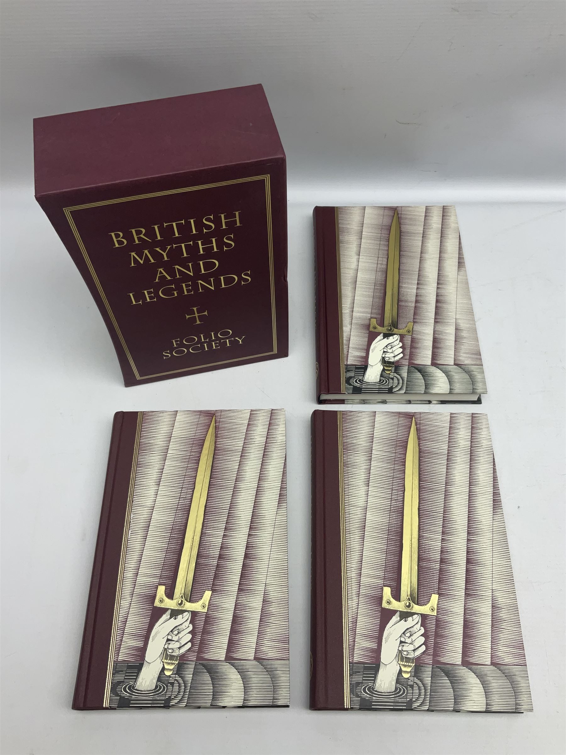 Folio Society; twelve volumes, to include three book box set Empires of Early Latin America, three book box set British Myths and Legends, two book box set The Greek Myths etc