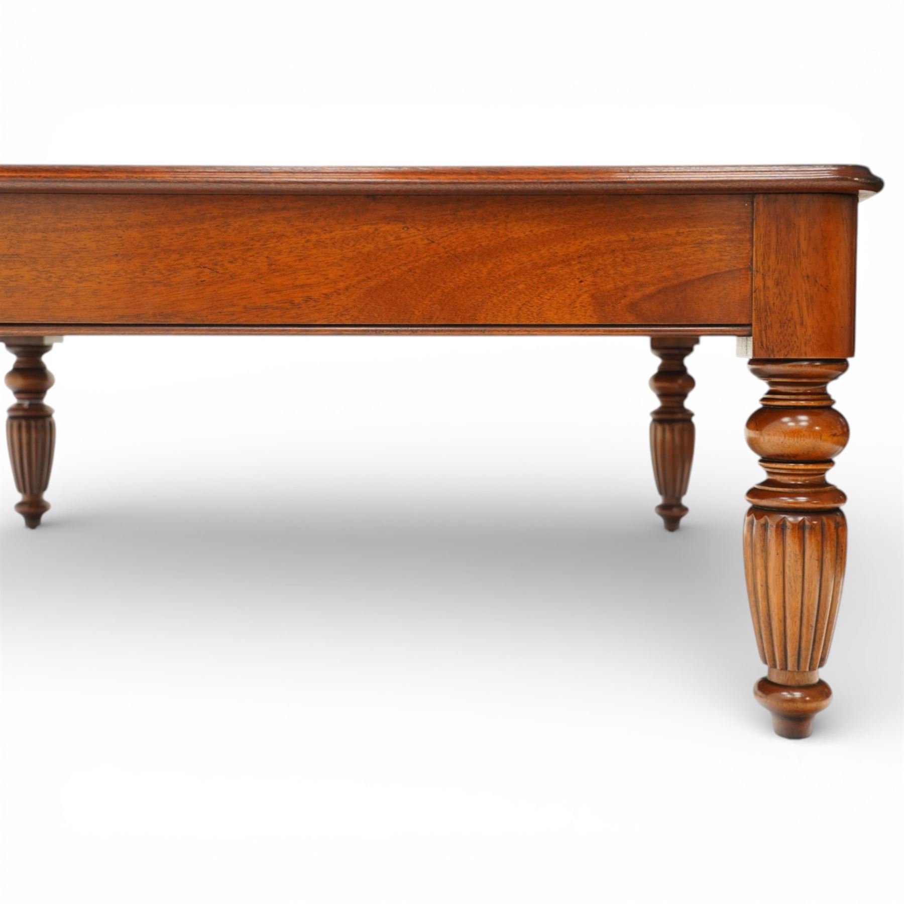Georgian design mahogany coffee table, square top with satinwood crossbanded border above plain frieze, raised on turned and fluted supports