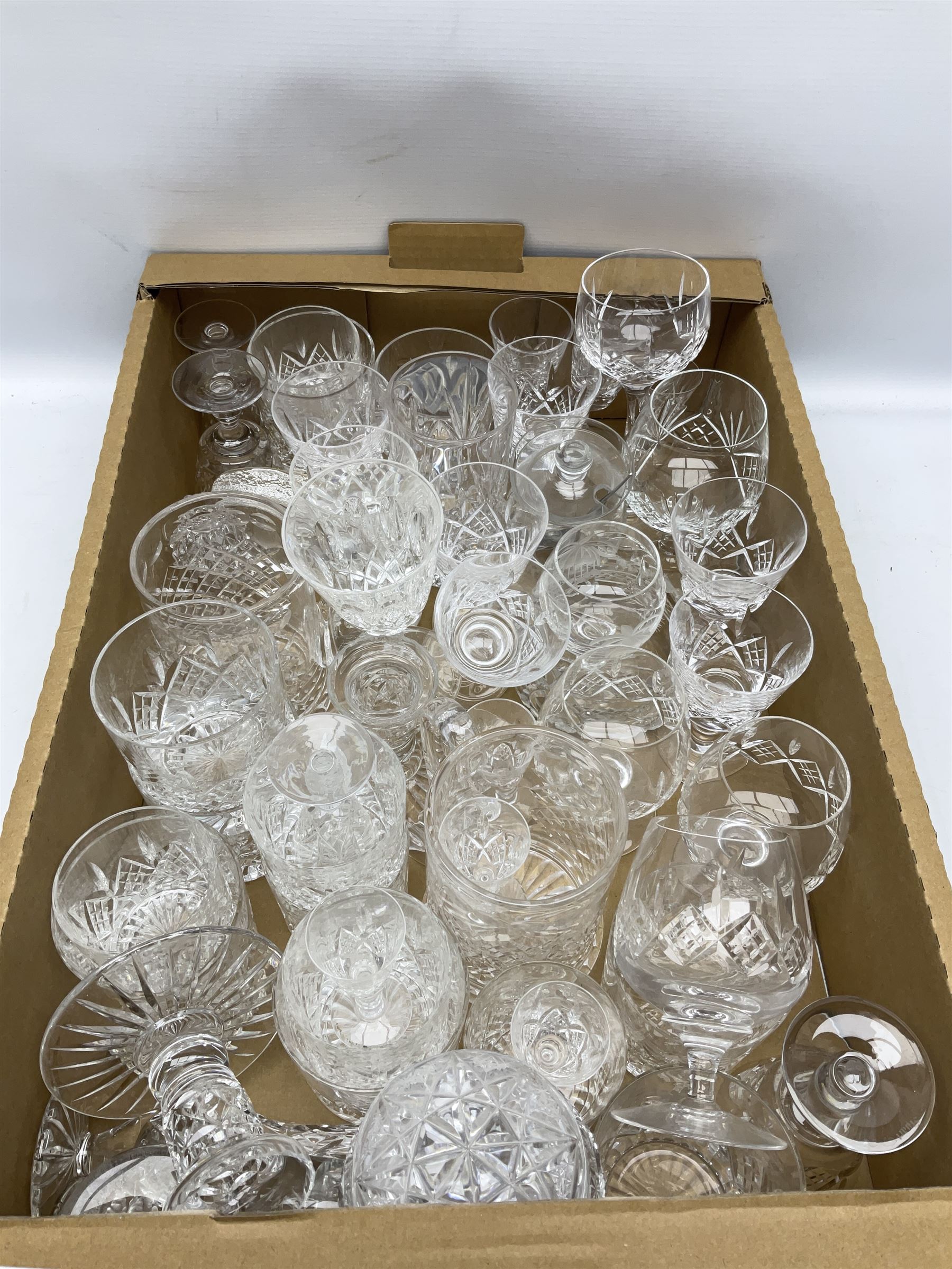 Selection of cut glass drinking glasses, including Stuart Crystal etc