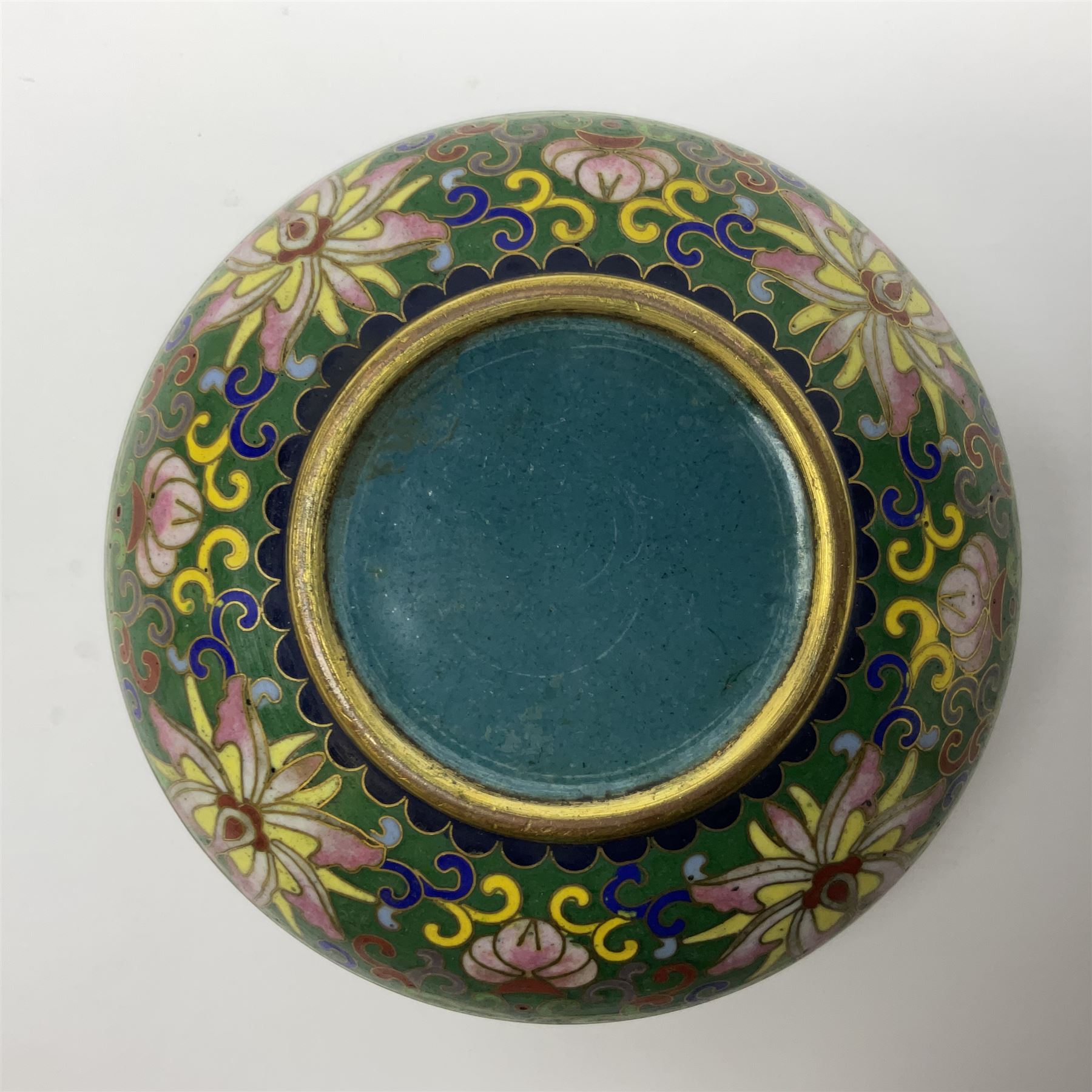 20th century Chinese cloisonne enamel smoking set, comprising two ashtrays, box and tray, with floral and foliate scrolling on green ground