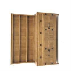 'Lizardman' panelled oak dresser, two heights plate rack above base fitted with three drawers, double cupboard and two single cupboards, by Derek Slater of Crayke, W181cm, H167cm, D45cm
