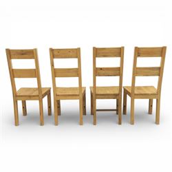 Modern light oak rectangular dining table, and eight high back chairs, stowable leaves extending to 270cm