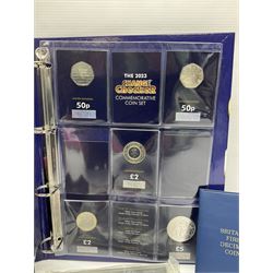 Commemorative and other coinage, including various Queen Elizabeth II 'London 2012 sports collection' fifty pence coins on cards, commemorative crowns, Millennium 2000 'Time Capsule' coin set, channel islands old round one pound coins, part sets etc