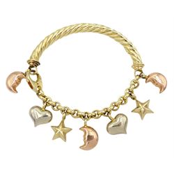 Atasay 14ct gold rope twist and belcher link bracelet, with yellow and pink gold moon, star and heart charms and spring loaded clasp, stamped 585