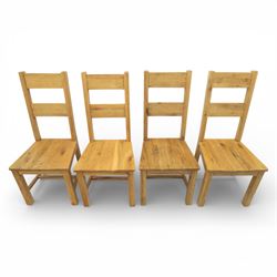 Modern light oak rectangular dining table, and eight high back chairs, stowable leaves extending to 270cm