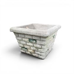 Pair of two tiered flower baskets, two hay racks, hanging basket, two boxes of plant pots and a square stone planter