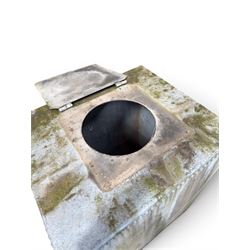 Large early 20th century galvanised water, cube form  with rounded corners and buttoned detail, with tap