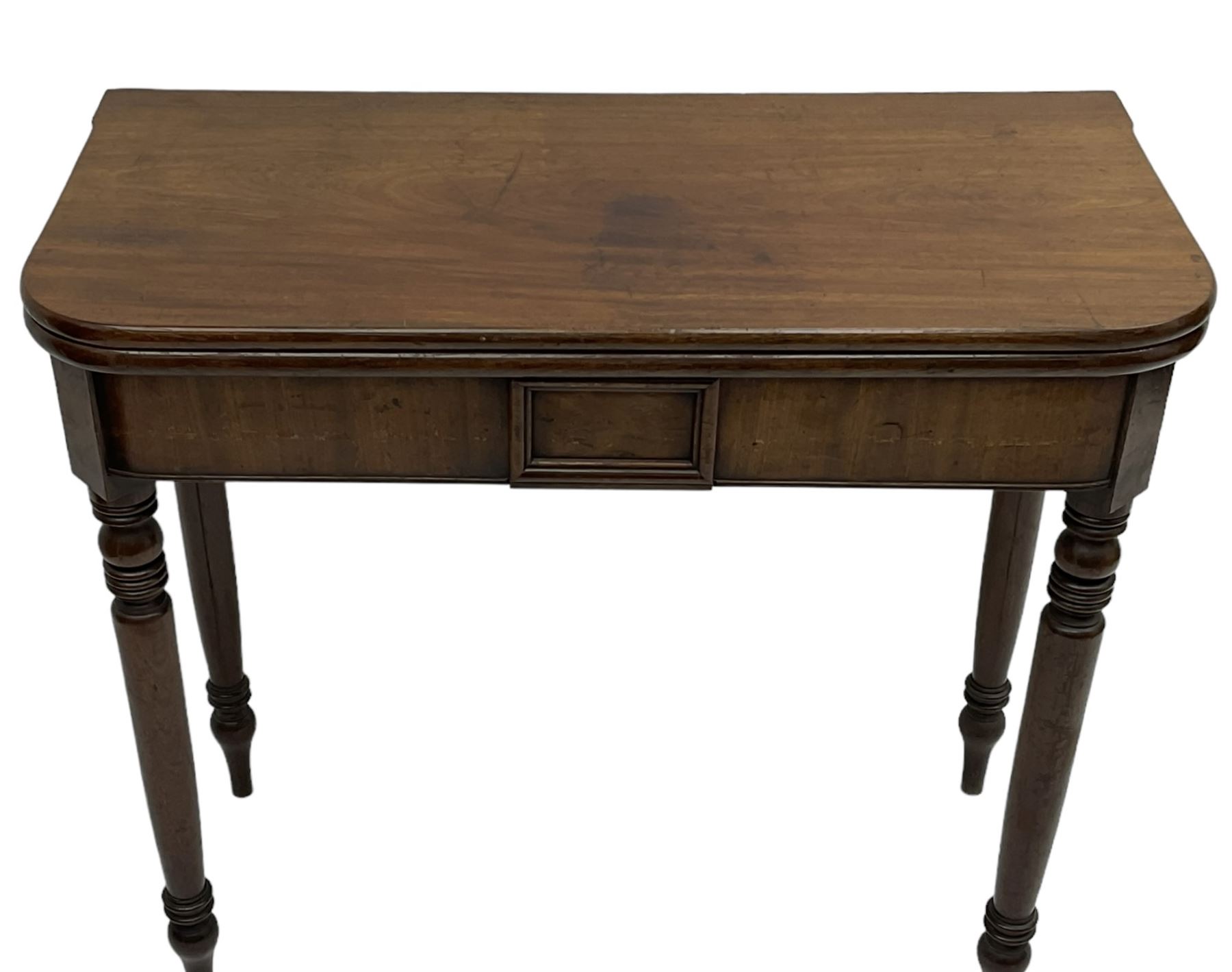 Victorian mahogany tea table, rectangular swivel fold-over top with rounded corners, on ring turned supports 